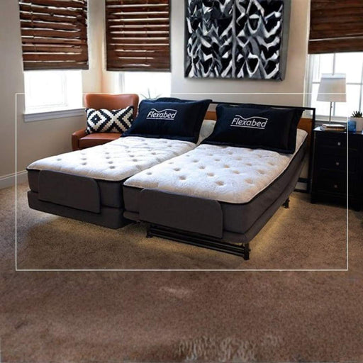 Dual Flexabed Hi-Low adjustable bed with optional mattress and underbed lighting, showing the Flexabed logo on two pillows