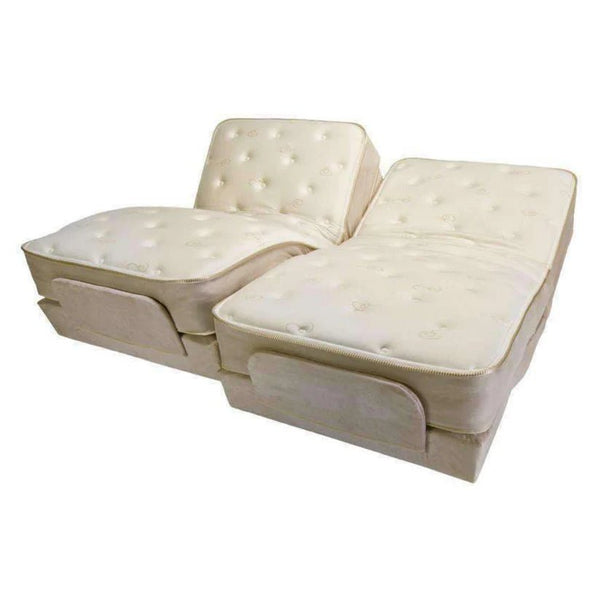 A full-view image of a Split Queen adjustable bed system with two separate mattresses and bases. The two halves are positioned next to each other, with the left half adjusted to an inclined sitting position (backrest raised and knee break slightly raised) and the right half in a flat resting position. Both halves feature thick, tufted, cream-colored mattresses and matching light-colored fabric bases.