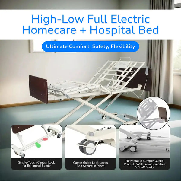 Full view of the High-Low Full Electric Homecare + Hospital Bed, showcasing its adjustable features for comfort and safety. The bed has a single-touch central lock for enhanced safety, caster guide lock to keep the bed secure in place, and a retractable bumper guard that protects walls from scratches and scuff marks. The bed is shown with a wooden headboard and a modern room setting in the background.