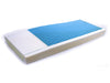 The Protekt 300 Hospice Pressure Redistribution Foam Mattress, featuring a white base and blue diamond-patterned top, is designed to help prevent bed sores and is displayed against a white background.
