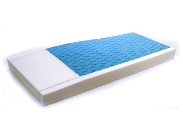 The Protekt 300 Hospice Pressure Redistribution Foam Mattress, featuring a white base and blue diamond-patterned top, is designed to help prevent bed sores and is displayed against a white background.