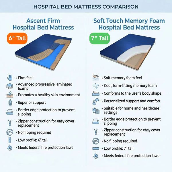 Comparison image of hospital bed mattresses showing firm support mattress and soft touch memory foam mattress with layered foam structure and key features.