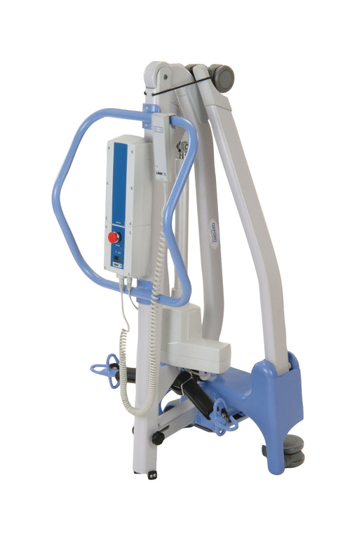 The Joerns Hoyer Advance Electric Patient Lift is a blue and white compact folding floor lift with a padded frame, control panel, and adjustable arms for safe lifting and transferring of individuals with limited mobility.