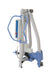 The Joerns Hoyer Advance Electric Patient Lift is a blue and white compact folding floor lift with a padded frame, control panel, and adjustable arms for safe lifting and transferring of individuals with limited mobility.