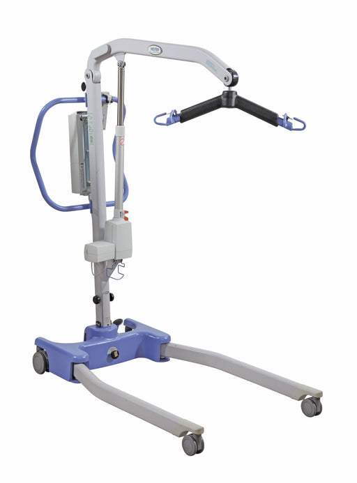 The Joerns Hoyer Advance Electric Patient Lift is a compact, foldable floor lift with a blue and gray frame, four wheels, an overhead lifting arm, and a black spreader bar—ideal for efficient patient transfers in healthcare settings.