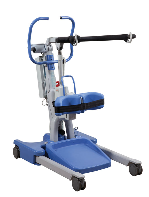 The Hoyer Elevate Professional Patient Lift, Sit to Stand, Electric Base (440 lb. capacity) features padded knee supports, handles, foot platform, and four wheels to help safely transfer individuals with limited mobility.