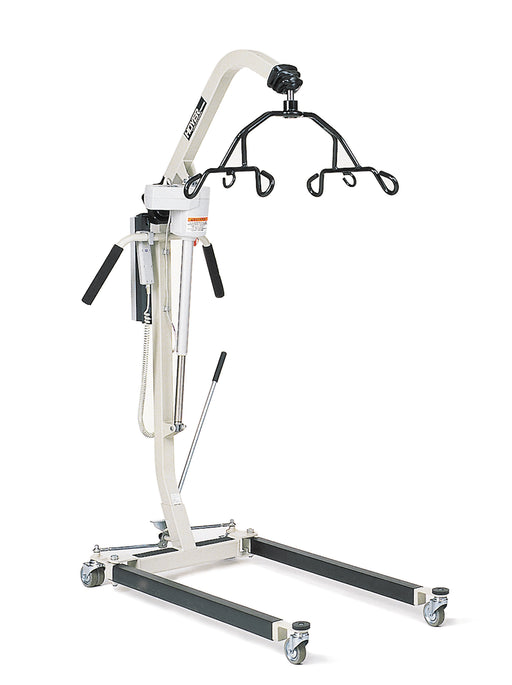 The Joerns Hoyer HPL402 Powered Resident Lift supports up to 400 lbs, featuring a white metal frame on wheels, black handles, and an adjustable U-base for safe lifting and transferring of individuals with limited mobility.