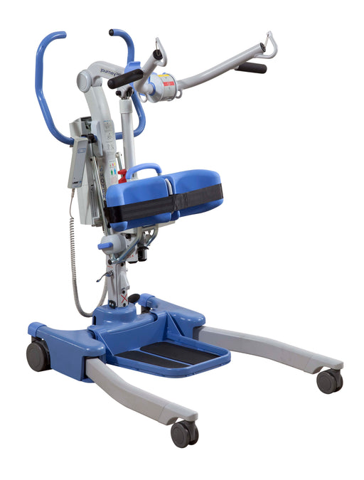 The Hoyer Journey Professional Patient Lift, Sit to Stand, supports up to 340 lbs and features handles, padded support, adjustable cradle, foot platform, wheels, and a control panel for safe patient transfers in healthcare settings.
