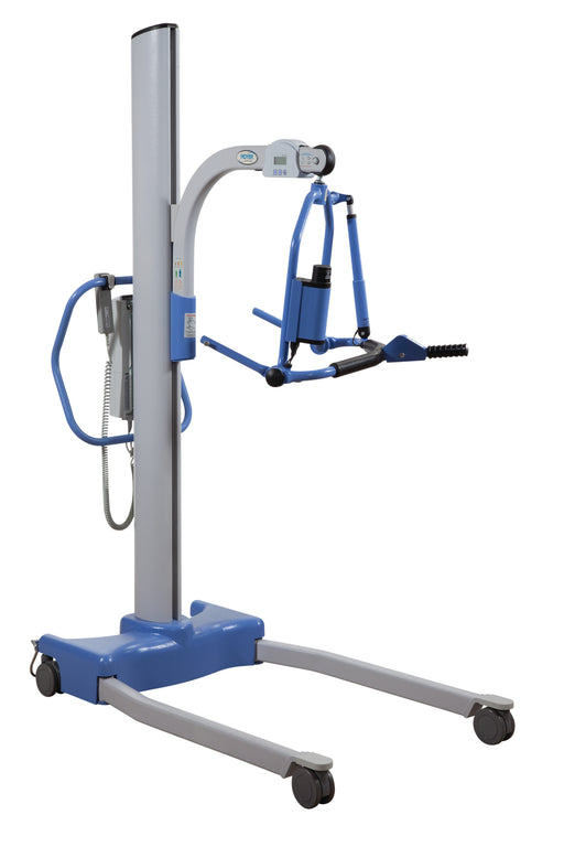 The Hoyer Stature Professional Patient Lift features a 4-point spreader bar, electric base, vertical column, wheeled base, adjustable arm with black harness attachment; supports up to 500 lb. and works with compatible clip style slings for safe lifting and transfers.