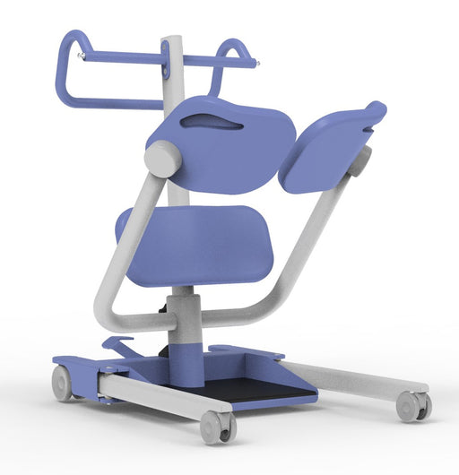 The Hoyer UP - Standaid Lift is a modern blue and gray transfer device with padded supports, handles, and caster wheels designed to assist individuals with sitting or standing transfers. Weight capacity: 400 lbs.