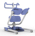 The Hoyer UP - Standaid Lift is a modern blue and gray transfer device with padded supports, handles, and caster wheels designed to assist individuals with sitting or standing transfers. Weight capacity: 400 lbs.