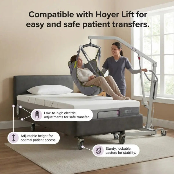 Patient being safely transferred using a Hoyer Lift with the iCare IC33 bed. The bed features low-to-high electric adjustments for optimal patient access and sturdy, lockable casters for stability