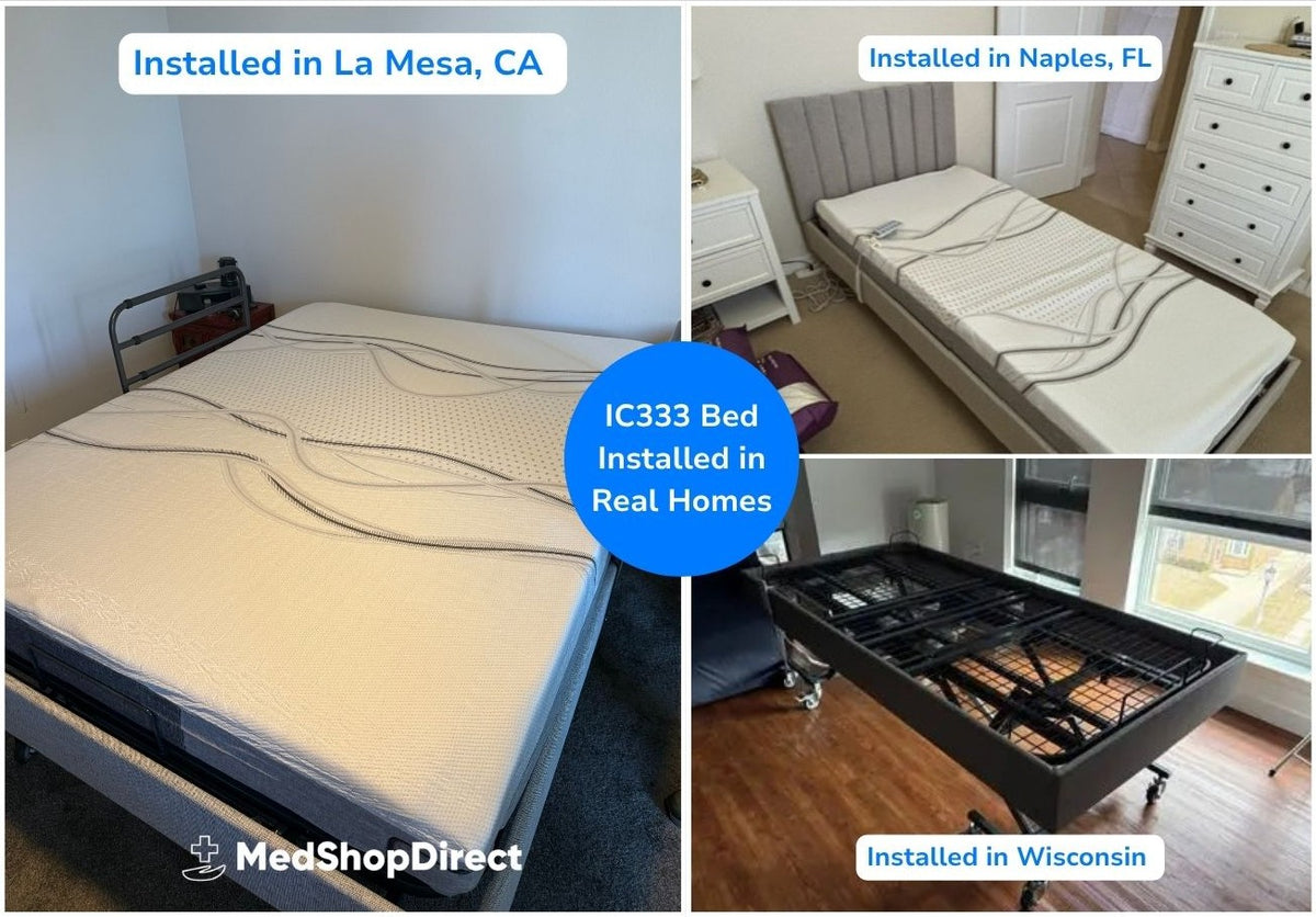 A three-panel collage showing the IC333 homecare bed installed in real homes. The left panel shows a queen-sized IC333 bed with an IC30 mattress in a bedroom labeled 'Installed in La Mesa, CA'. The upper right shows a Twin XL bed with an IC30 mattress, and the lower right panel shows a Twin XL frame without a mattress. 