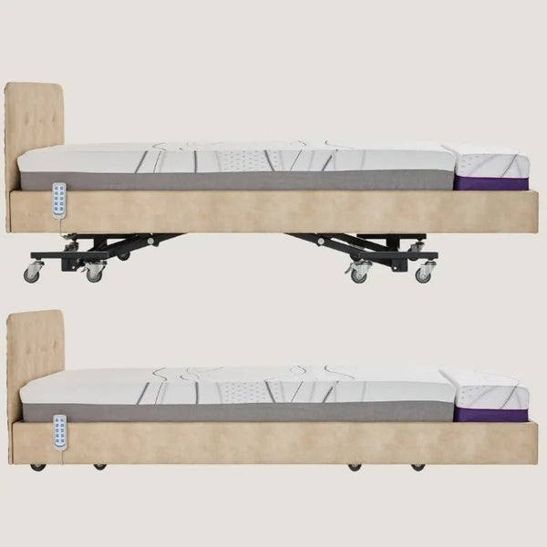 A two-panel vertical comparison showing the bed's height adjustability. The top panel shows the bed in a fully raised position on its metal scissor-lift frame, while the bottom panel shows the bed lowered to floor level, with the casters tucked neatly underneath.