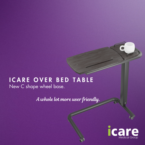 Marketing graphic on a purple background showcasing an Icare over bed table with a new C-shaped base design. Text reads: "ICARE OVER BED TABLE. New C shape wheel base. A whole lot more user friendly."
