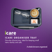 Marketing graphic on a purple background showcasing the Icare Organizer Tray. The top view shows the tray holding eyeglasses, a latte, and a pair of hearing aids. Text reads: "ICARE ORGANISER TRAY. Non-slip silicone tray, ideal for keeping small items nearby and safe. A whole lot more organised."