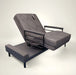 The UPbed Independence Adjustable Bed for Seniors by Journey Health features patterned gray upholstery, a raised backrest, black metal side rails, and armrests, shown against a plain light background.