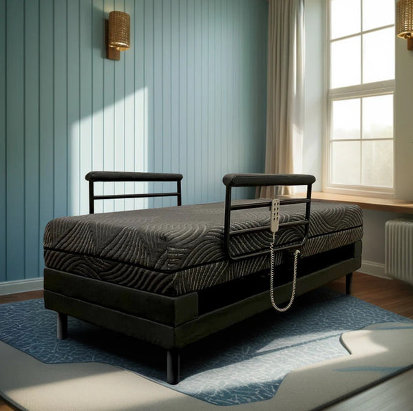 The UPbed Independence Adjustable Bed for Seniors by Journey Health, featuring black rails and a remote control, is placed in a sunlit room with blue paneled walls, a large curtained window, and a blue rug on the floor.