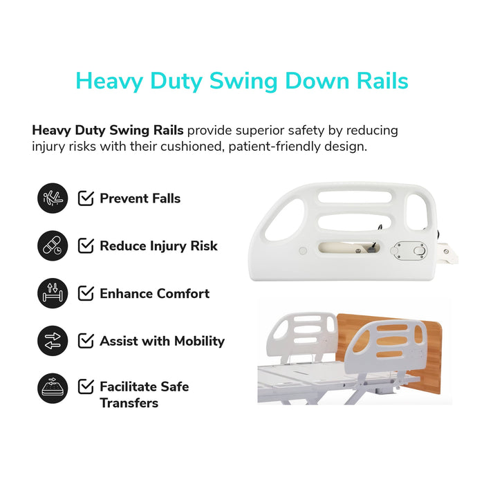 Heavy-duty swing down rails feature for full electric bariatric hospital bed, enhancing safety, mobility, and comfort.