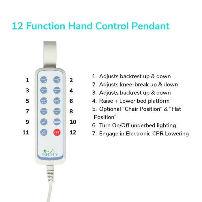 12-function hand control pendant for full electric bariatric hospital bed with various adjustments and underbed lighting.