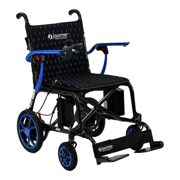 A studio portrait of the Journey Air Elite wheelchair with electric blue accents on the armrests, wheel rims, and the stitching pattern on the black honeycomb mesh seat and backrest.