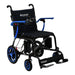A studio portrait of the Journey Air Elite wheelchair with electric blue accents on the armrests, wheel rims, and the stitching pattern on the black honeycomb mesh seat and backrest.