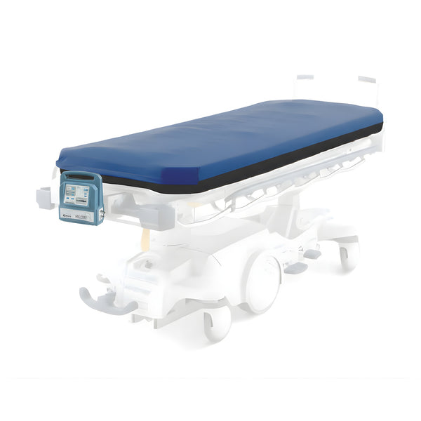 A Dolphin Fluid Immersion Simulation (FIS) Mattress System designed for a stretcher. The stretcher pad is shown on a white, isolated stretcher frame, with the blue Dolphin control unit mounted on one side.