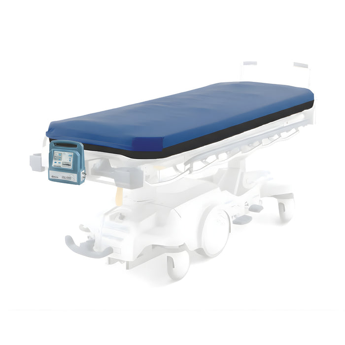 A Dolphin Fluid Immersion Simulation (FIS) Mattress System designed for a stretcher. The stretcher pad is shown on a white, isolated stretcher frame, with the blue Dolphin control unit mounted on one side.
