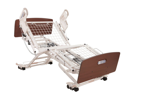 The UltraCare XT Hospital Bed by Joerns features metal rails, wooden head/footboards, electronic controls, and AdvanceCare positioning for comfort. Shown raised and reclined on wheels.