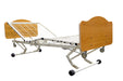 The WeCare Base Bed is a full-electric, four DC motor hospital-style bed with a split-frame design, wooden head and foot boards, mobility wheels, and adjustable elevation features to support fall prevention.