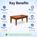 An infographic titled 'Key Benefits' with a wooden rectangular table centered, surrounded by six callout boxes describing product features such as commercial-grade durability, residential appearance, efficiency, finish options, collection compatibility, and easy maintenance.