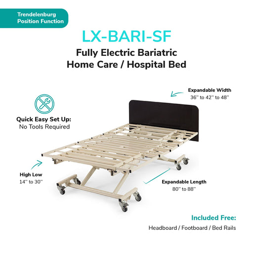 Adjustable bariatric electric hospital bed with Trendelenburg position, expandable width 36-48", length 80-88", no tools setup, Medacure LX-BARI SF.