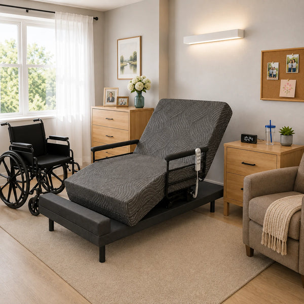 The Independence Bed in TV and reading position with head and foot sections raised, wheelchair beside the bed for safe transfers