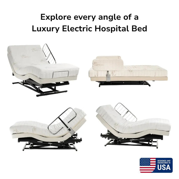 Electric adjustable hospital bed shown in multiple positions including head and foot elevation, hi-low adjustment, and reclining angles.