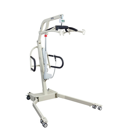 The Free Spirit True Bariatric Patient Lift FS850 is a beige heavy-duty lift with black handles, padded support bars, and a wheeled base for stable, mobile transfer of individuals with limited mobility.