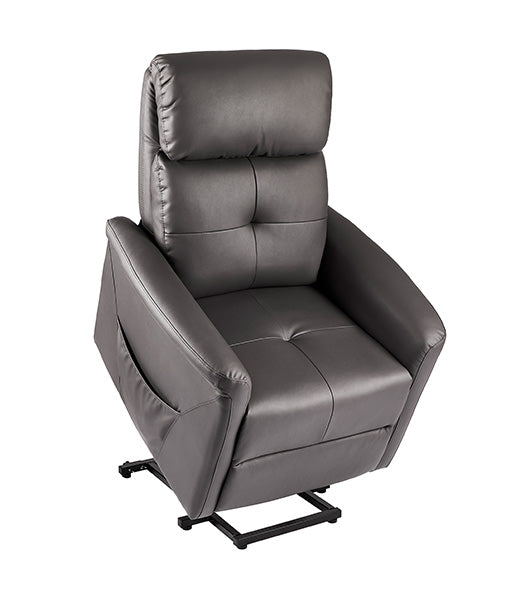 Power lift recliner in lift position, raised to assist user mobility, displaying steel color variant