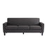A modern three-seat sofa upholstered in dark charcoal gray fabric, shown from a straight-on perspective against a plain white background.