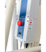 Close-up of the Free Spirit True Bariatric Patient Lift FS850 control panel featuring a large red emergency stop button, blue battery indicator, multiple connection cables below, and a LINAK label.