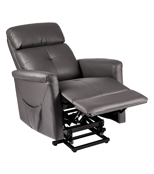 Power lift recliner (steel variant) in reclined position with footrest up and lift mechanism visible beneath