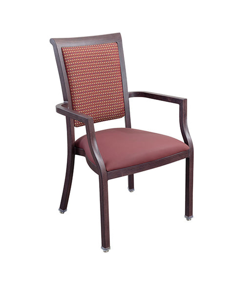 Dining arm chair for assisted living furniture DCA475-R with wood grain aluminum frame, burgundy vinyl seat, square back, and nickel plated glides - rear three-quarter view