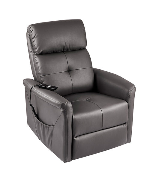 Power lift recliner in upright position with remote control visible, featuring steel upholstery and side storage pocket