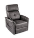Power lift recliner in upright position with remote control visible, featuring steel upholstery and side storage pocket