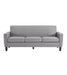 A modern three-seat sofa in light gray fabric with dark tapered legs, shown from the front against a plain white background.
