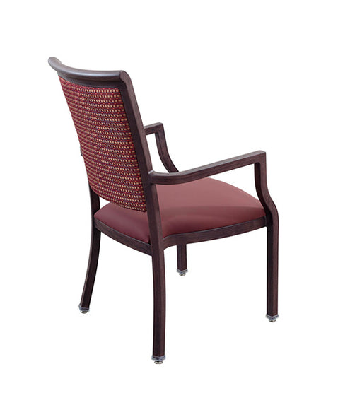 Dining chair with arms for assisted living furniture DCA475-R showing angled view with burgundy vinyl upholstered seat, square back, and sturdy aluminum wood grain frame