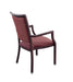Dining chair with arms for assisted living furniture DCA475-R showing angled view with burgundy vinyl upholstered seat, square back, and sturdy aluminum wood grain frame
