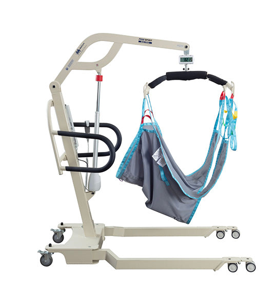 The Free Spirit True Bariatric Patient Lift FS850 features a metal frame, black handles, support arm, wheels for easy movement, and a gray-blue fabric sling—ideal for safely transferring individuals with limited mobility.