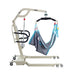 The Free Spirit True Bariatric Patient Lift FS850 features a metal frame, black handles, support arm, wheels for easy movement, and a gray-blue fabric sling—ideal for safely transferring individuals with limited mobility.