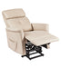 Power lift recliner (beige variant) in reclined position with footrest up and lift mechanism visible beneath