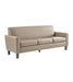 A modern three-seat sofa upholstered in light beige leather or faux leather, featuring dark gray tapered legs, shown against a plain white background.