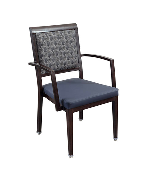 Dining chair with arms for assisted furniture - aluminum wood grain frame with patterned square backrest and blue upholstered seat, shown from a three-quarter rear angle view against white background